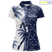 Load image into Gallery viewer, Blue Tropical Palm Trees Golf Club Pattern Womens Golf Polo Shirts Custom Team Golf Shirt NBT567