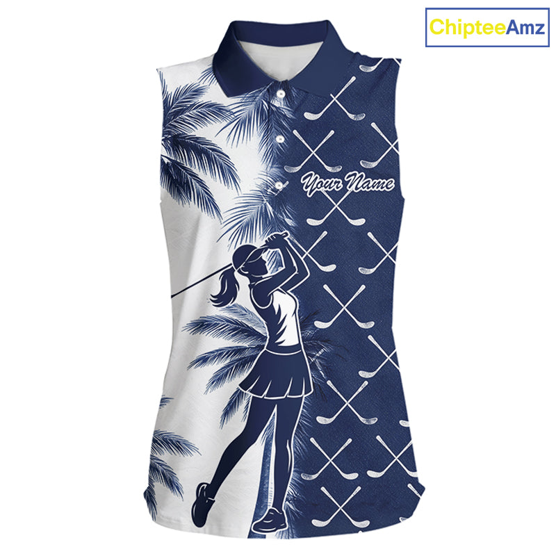 Blue Tropical Palm Trees Golf Club Pattern Womens Sleeveless Golf Polo Shirts Custom Team Golf Shirt NBT567