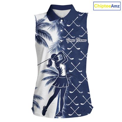 Blue Tropical Palm Trees Golf Club Pattern Womens Sleeveless Golf Polo Shirts Custom Team Golf Shirt NBT567
