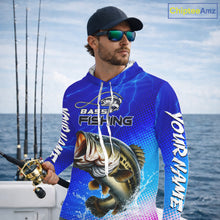 Load image into Gallery viewer, Blue Camo Bass Long Sleeve Hooded Fishing Shirts Thunder Light, Custom Name Bass Fishing Shirts NBT455