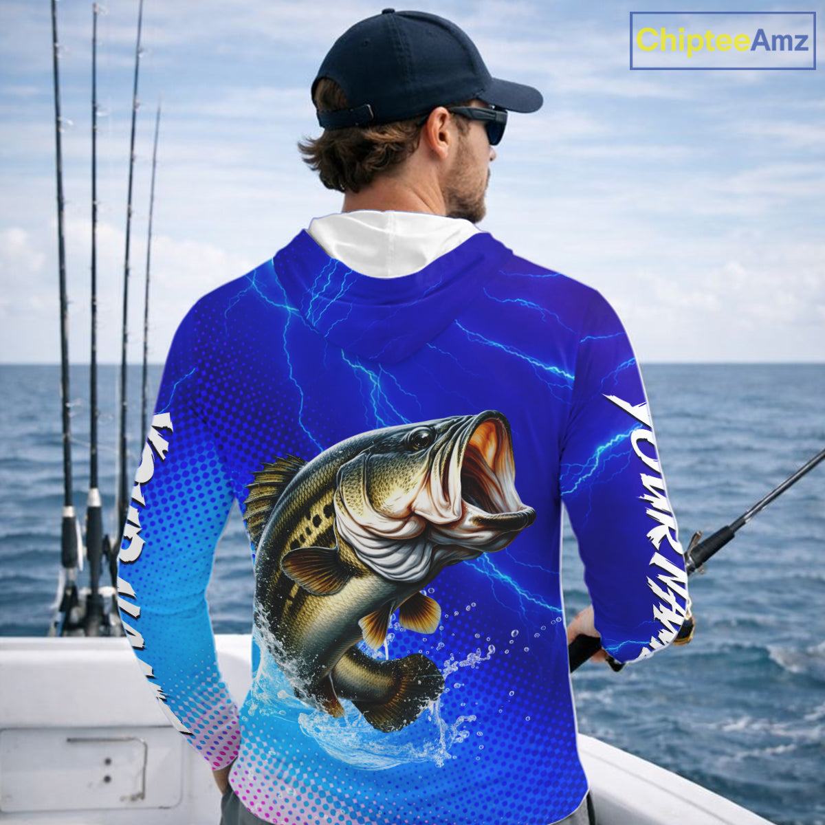 Blue Camo Bass Long Sleeve Hooded Fishing Shirts Thunder Light, Custom Name Bass Fishing Shirts NBT455
