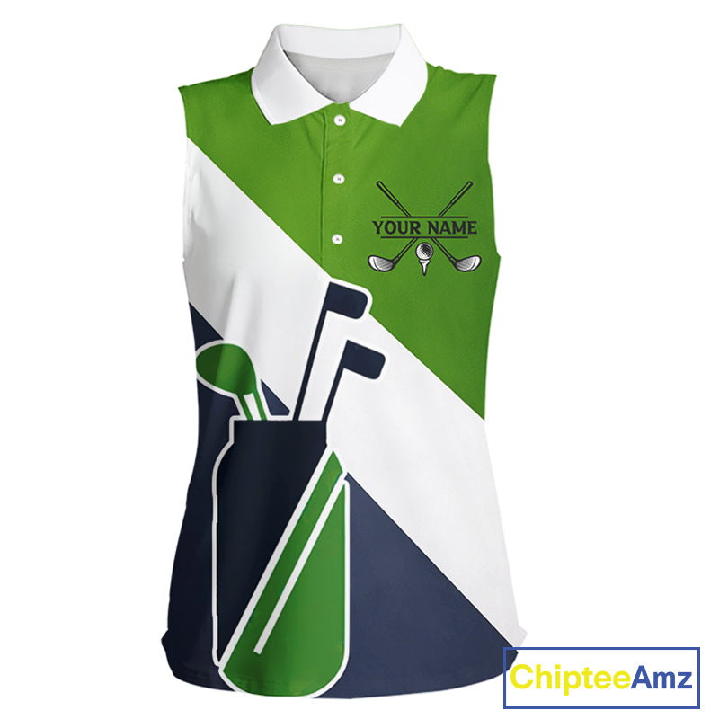 Green & Blue Golf Bag Womens Sleeveless Golf Polo Shirts Custom Golf Shirts, Golf Attire For Ladies NBT576