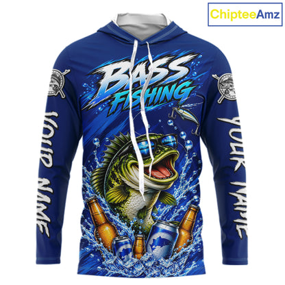 Custom Bass Fishing Shirts, Funny Bass Fishing Beer Shirts Long Sleeve Hooded For Team NBT1139