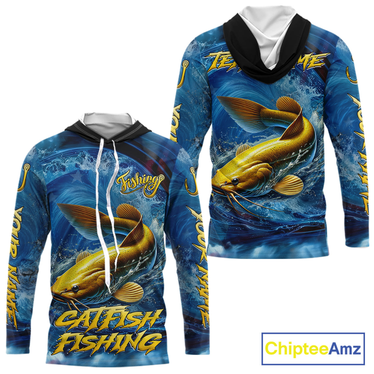Blue Camo Catfish Fishing Custom Performance Long Sleeve Hooded Fishing Shirts Catfish Fishing Team Shirts NBT1035