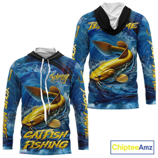 Blue Camo Catfish Fishing Custom Performance Long Sleeve Hooded Fishing Shirts Catfish Fishing Team Shirts NBT1035