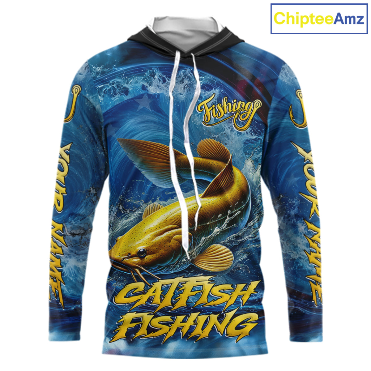 Blue Camo Catfish Fishing Custom Performance Long Sleeve Hooded Fishing Shirts Catfish Fishing Team Shirts NBT1035