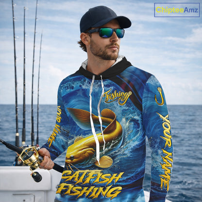 Blue Camo Catfish Fishing Custom Performance Long Sleeve Hooded Fishing Shirts Catfish Fishing Team Shirts NBT1035