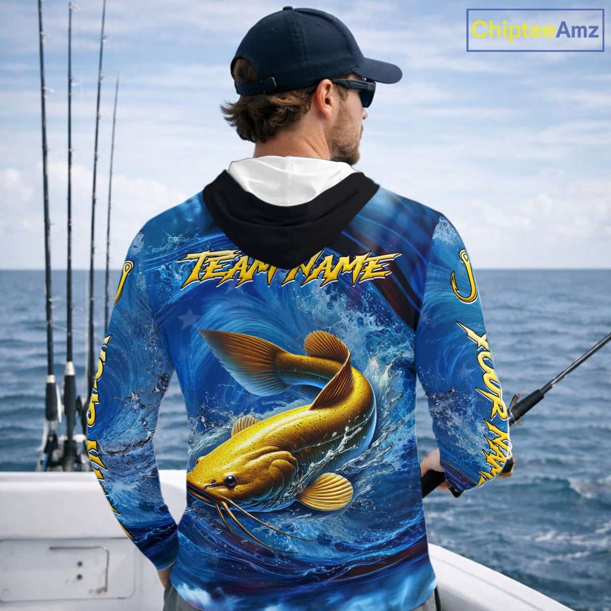 Blue Camo Catfish Fishing Custom Performance Long Sleeve Hooded Fishing Shirts Catfish Fishing Team Shirts NBT1035