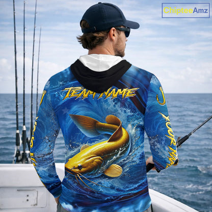 Blue Camo Catfish Fishing Custom Performance Long Sleeve Hooded Fishing Shirts Catfish Fishing Team Shirts NBT1035