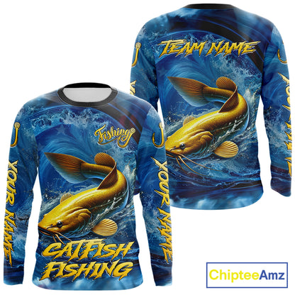 Blue Camo Catfish Fishing Custom Performance Long Sleeve Fishing Shirts Catfish Fishing Team Shirts NBT1035