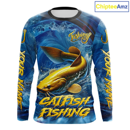 Blue Camo Catfish Fishing Custom Performance Long Sleeve Fishing Shirts Catfish Fishing Team Shirts NBT1035
