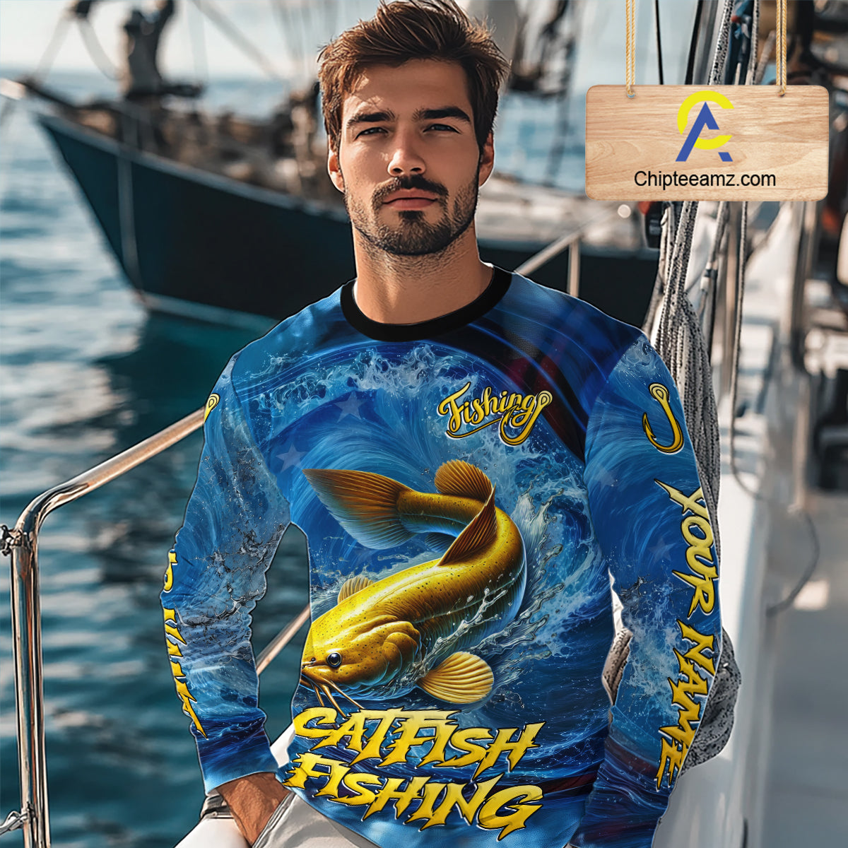 Blue Camo Catfish Fishing Custom Performance Long Sleeve Fishing Shirts Catfish Fishing Team Shirts NBT1035