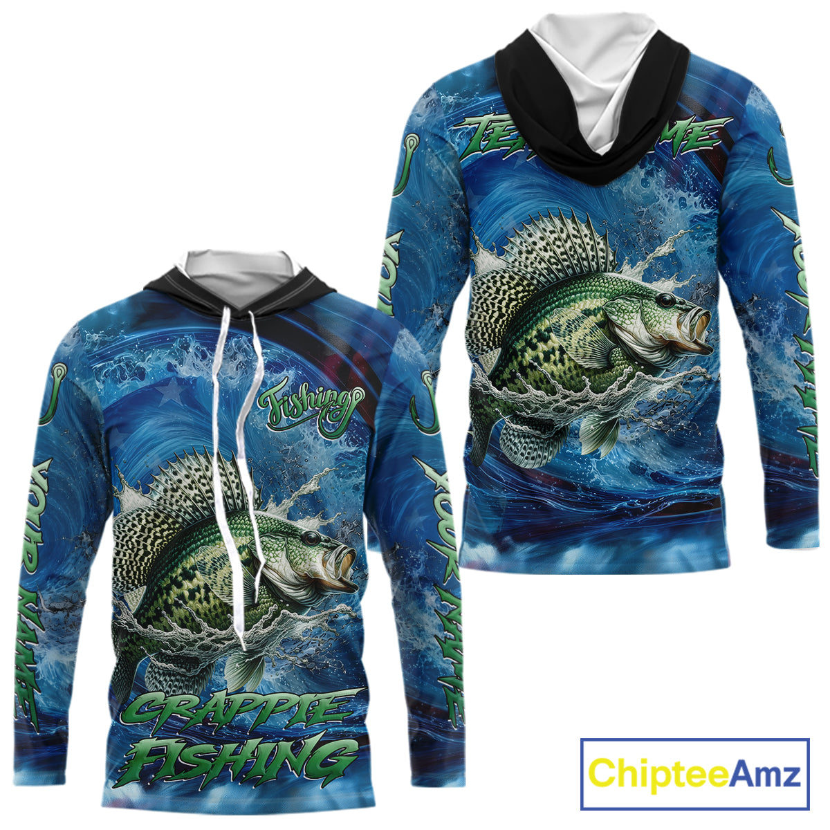Blue Camo Crappie Fishing Custom Performance Long Sleeve Hooded Fishing Shirts Crappie Fishing Team Shirts NBT1036
