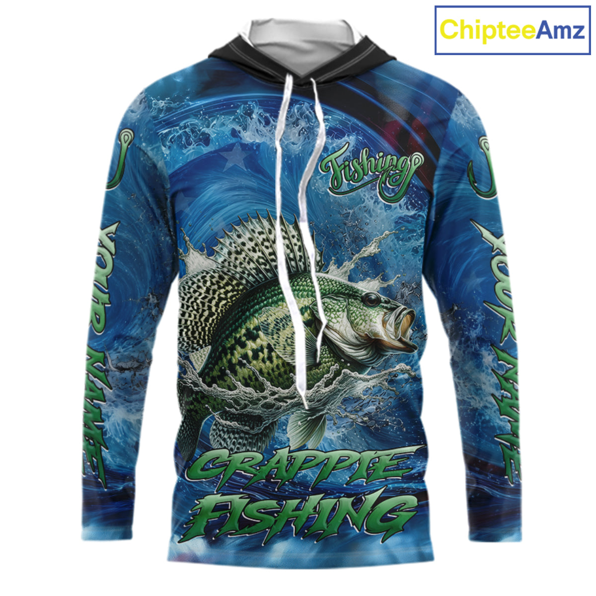 Blue Camo Crappie Fishing Custom Performance Long Sleeve Hooded Fishing Shirts Crappie Fishing Team Shirts NBT1036