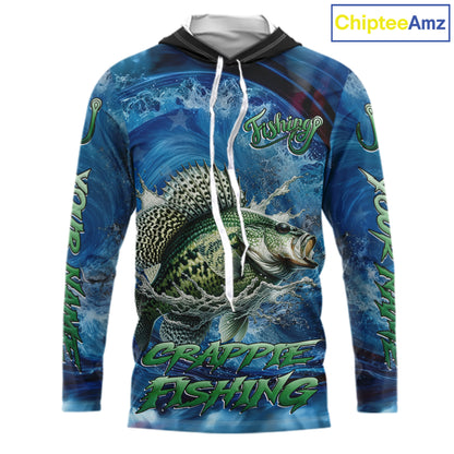 Blue Camo Crappie Fishing Custom Performance Long Sleeve Hooded Fishing Shirts Crappie Fishing Team Shirts NBT1036