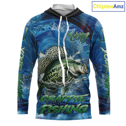 Blue Camo Crappie Fishing Custom Performance Long Sleeve Hooded Fishing Shirts Crappie Fishing Team Shirts NBT1036