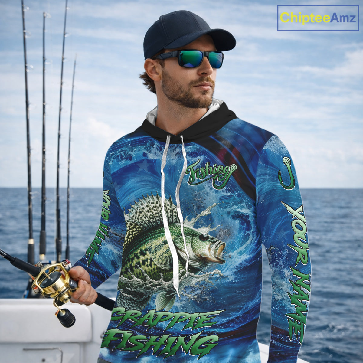 Blue Camo Crappie Fishing Custom Performance Long Sleeve Hooded Fishing Shirts Crappie Fishing Team Shirts NBT1036