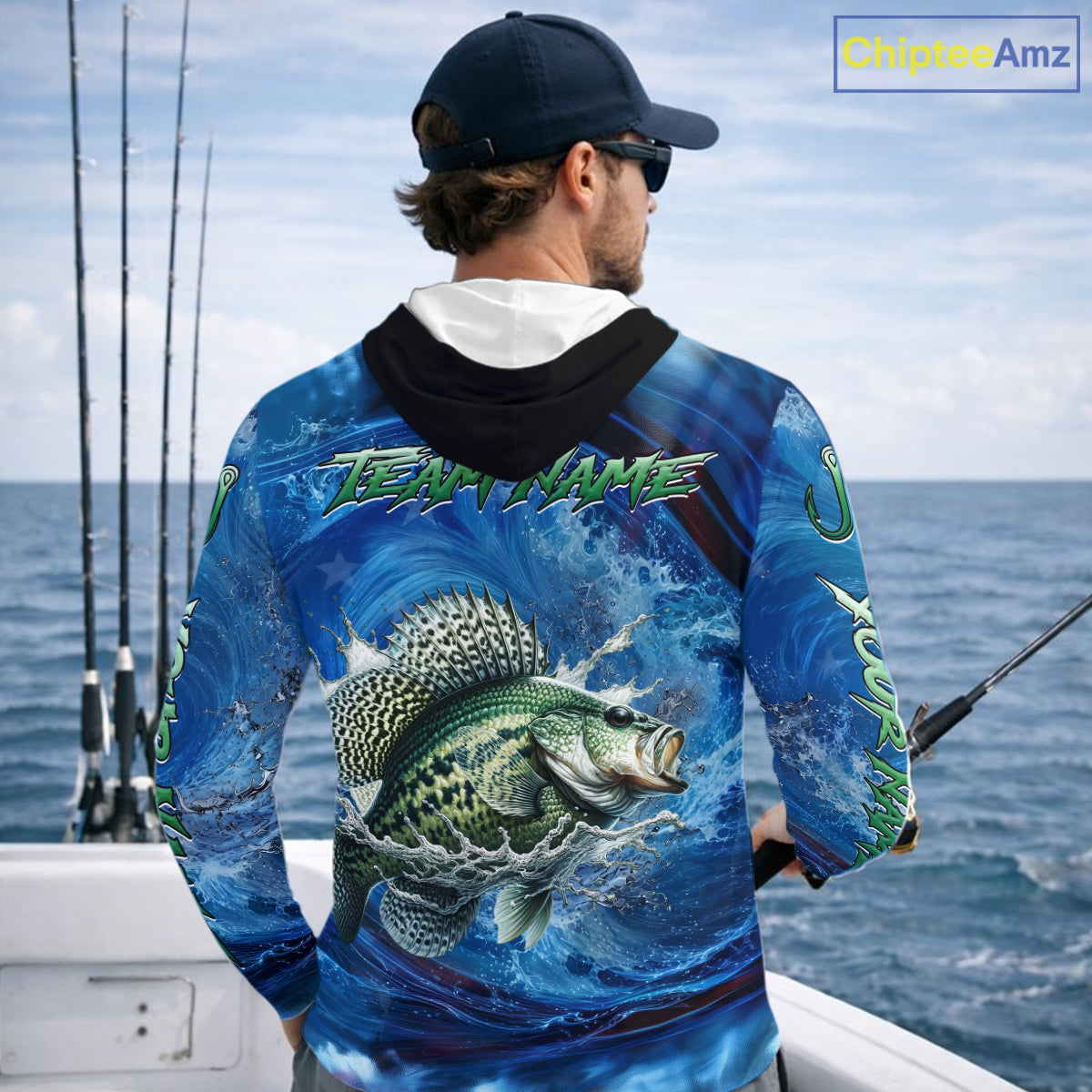 Blue Camo Crappie Fishing Custom Performance Long Sleeve Hooded Fishing Shirts Crappie Fishing Team Shirts NBT1036
