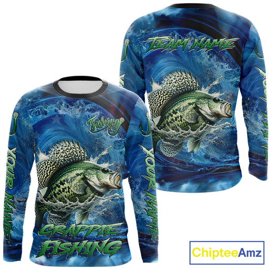 Blue Camo Crappie Fishing Custom Performance Long Sleeve Fishing Shirts Crappie Fishing Team Shirts NBT1036