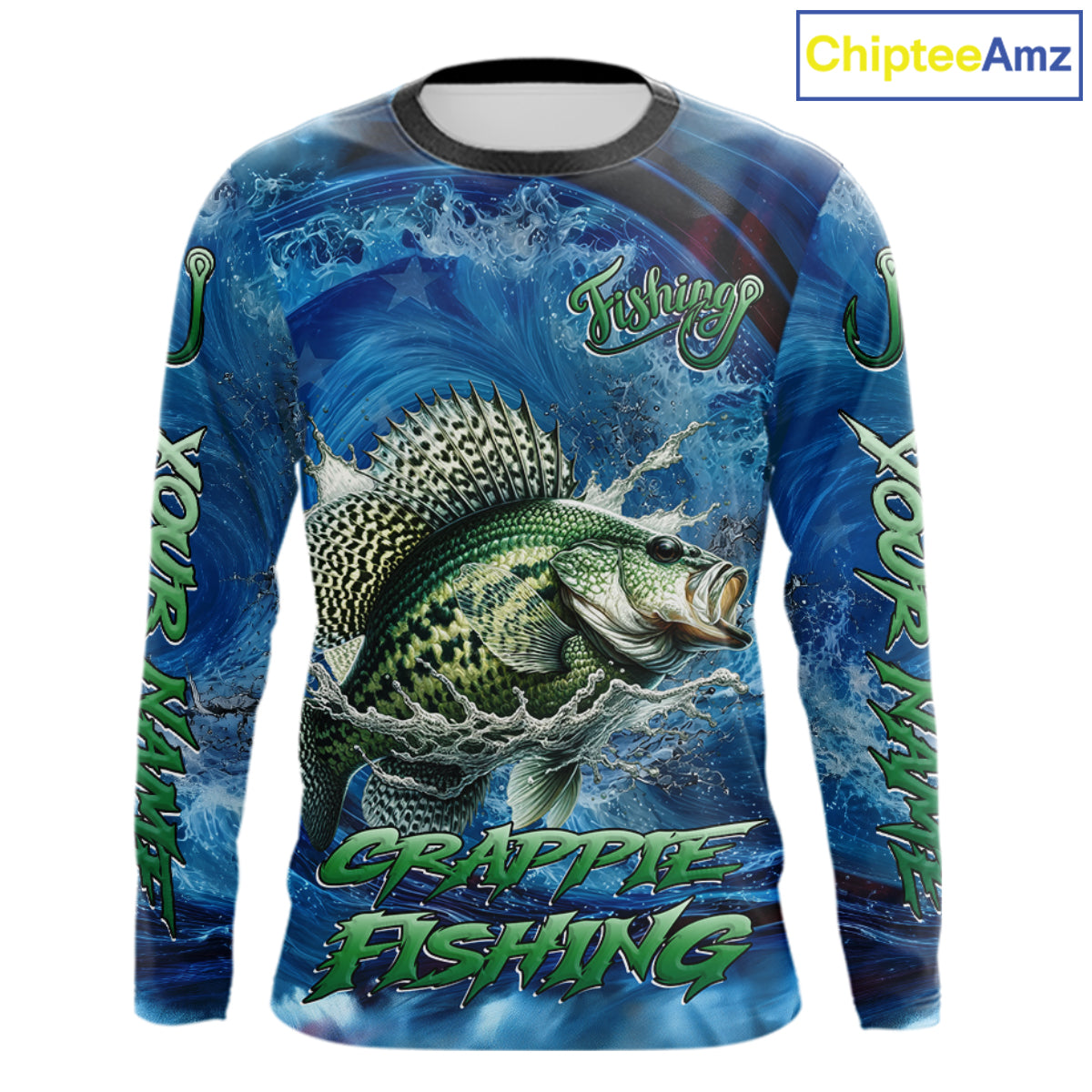 Blue Camo Crappie Fishing Custom Performance Long Sleeve Fishing Shirts Crappie Fishing Team Shirts NBT1036