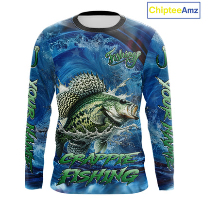 Blue Camo Crappie Fishing Custom Performance Long Sleeve Fishing Shirts Crappie Fishing Team Shirts NBT1036