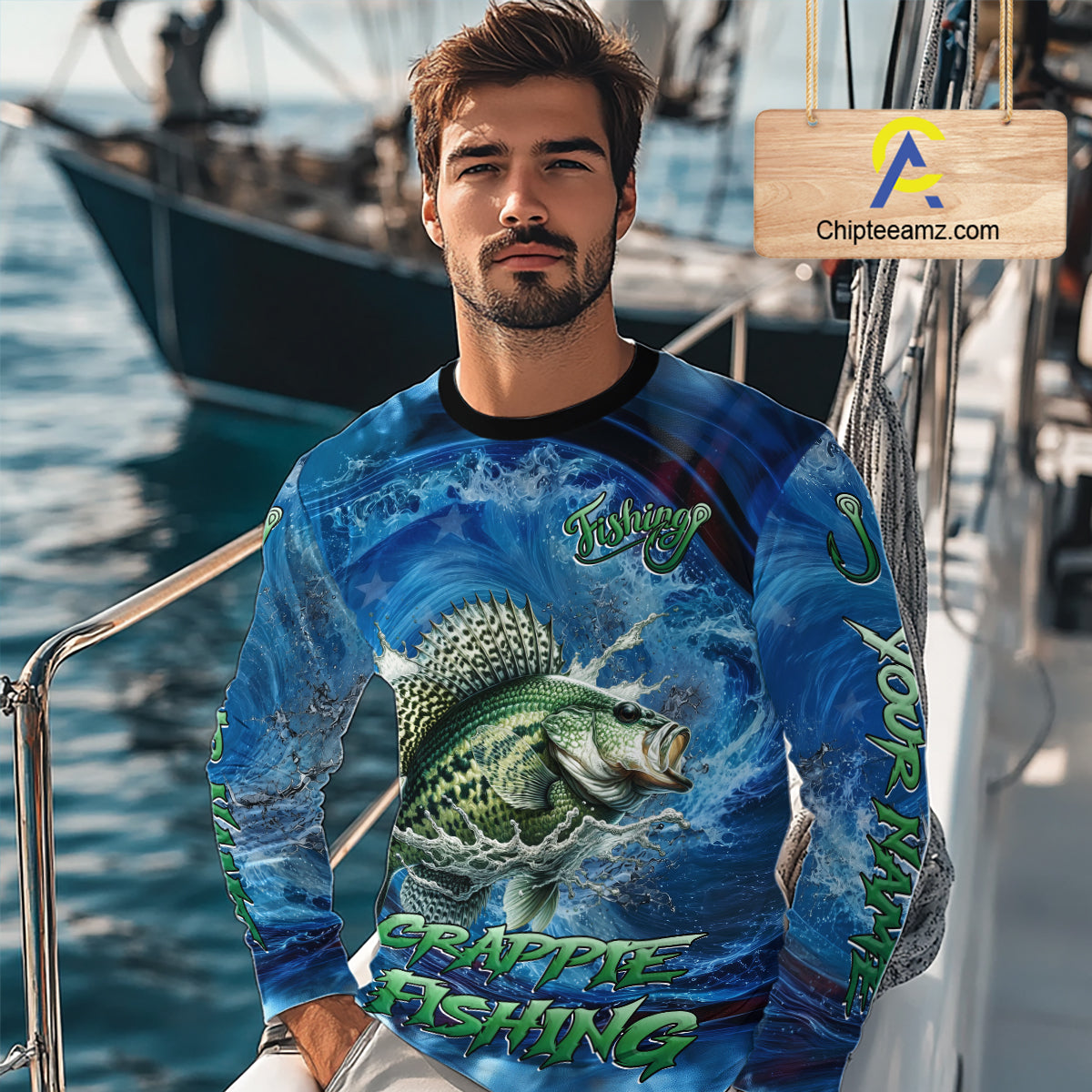 Blue Camo Crappie Fishing Custom Performance Long Sleeve Fishing Shirts Crappie Fishing Team Shirts NBT1036