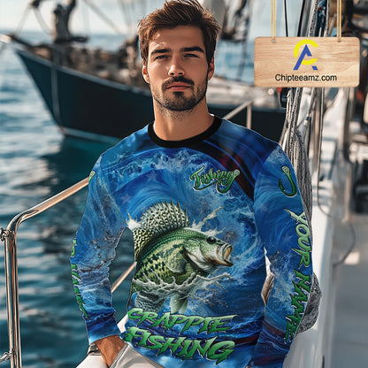 Blue Camo Crappie Fishing Custom Performance Long Sleeve Fishing Shirts Crappie Fishing Team Shirts NBT1036