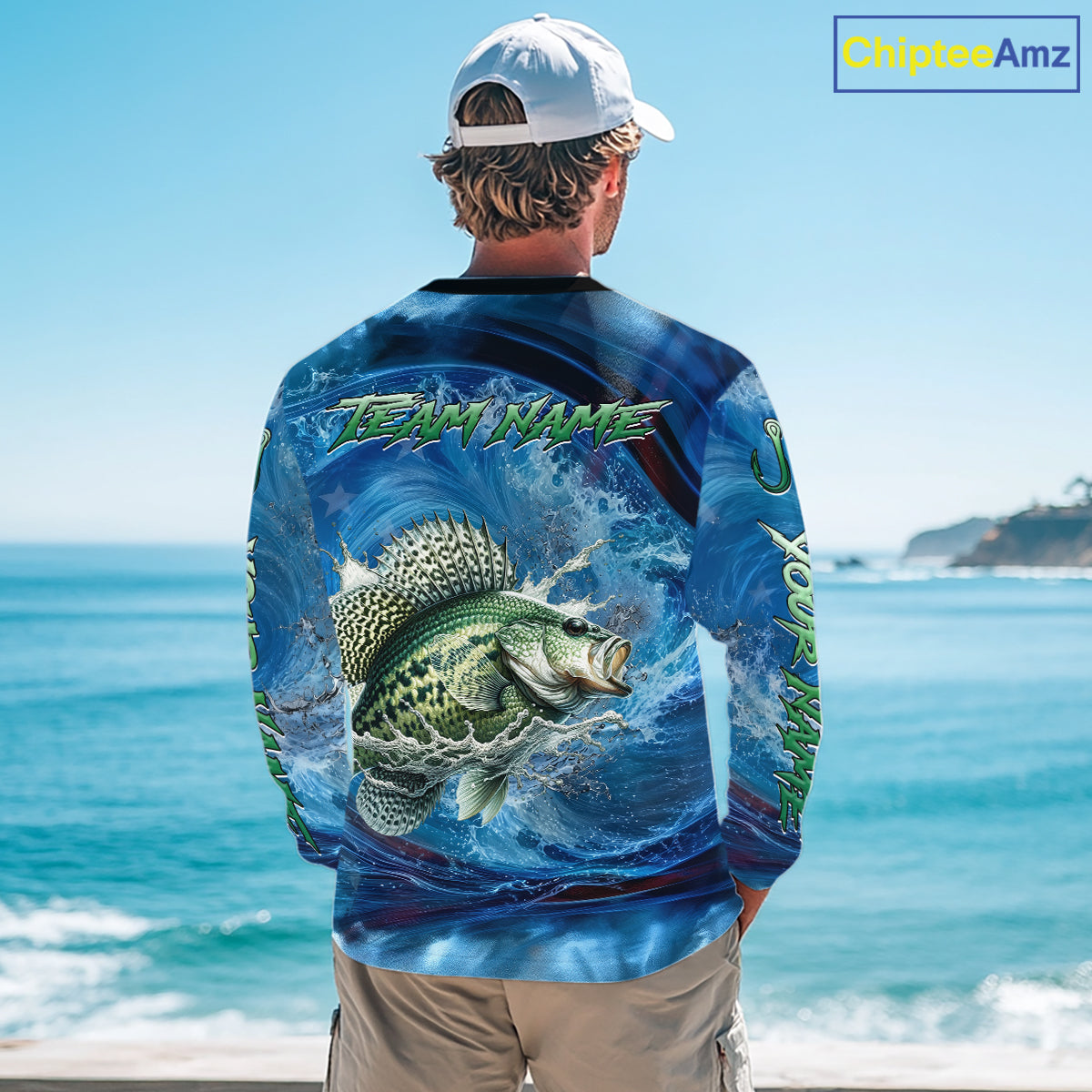 Blue Camo Crappie Fishing Custom Performance Long Sleeve Fishing Shirts Crappie Fishing Team Shirts NBT1036