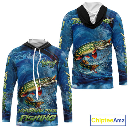 Blue Camo Northern Pike Fishing Custom Performance Long Sleeve Hooded Fishing Shirts Pike Fishing Team Shirts NBT1037