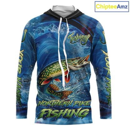 Blue Camo Northern Pike Fishing Custom Performance Long Sleeve Hooded Fishing Shirts Pike Fishing Team Shirts NBT1037
