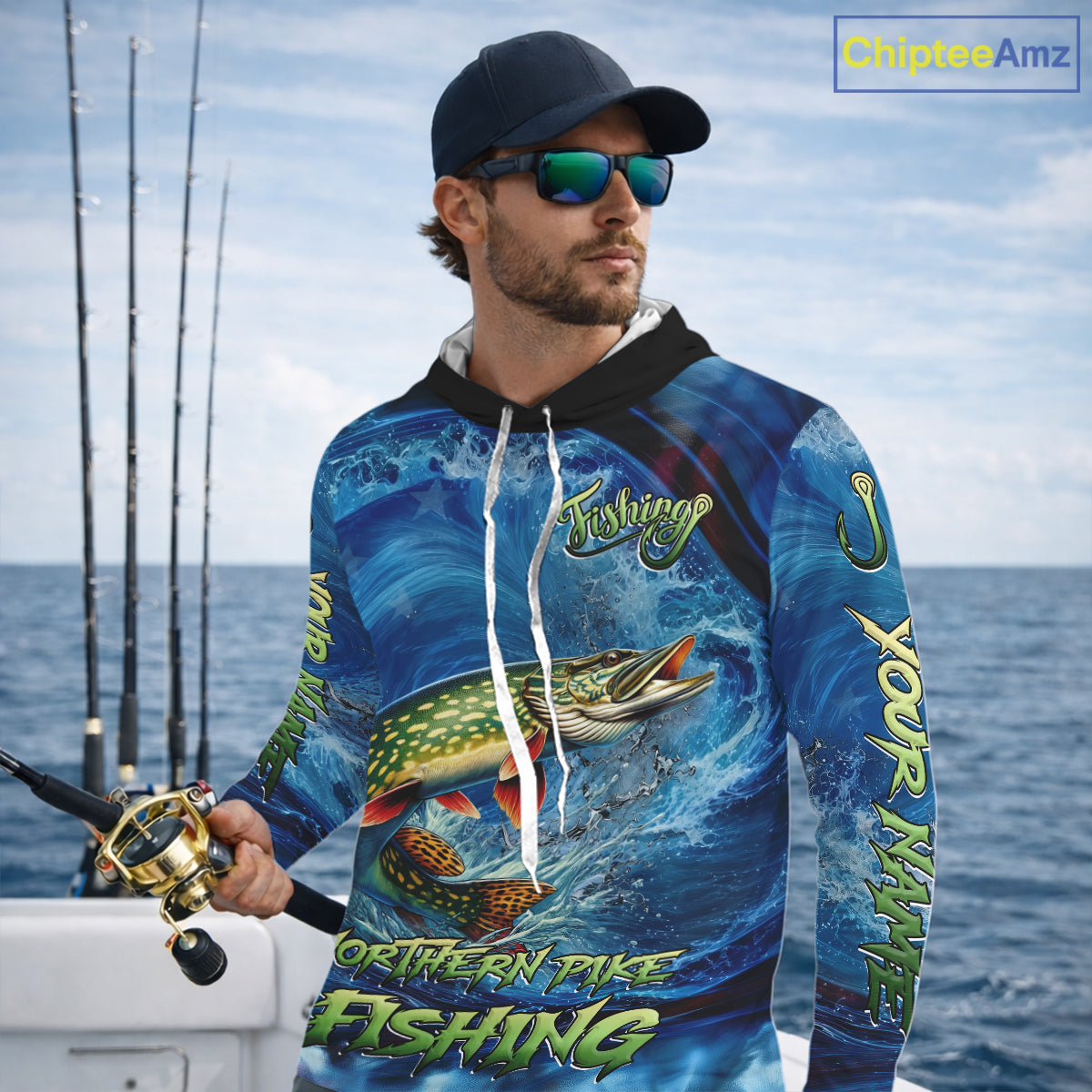 Blue Camo Northern Pike Fishing Custom Performance Long Sleeve Hooded Fishing Shirts Pike Fishing Team Shirts NBT1037