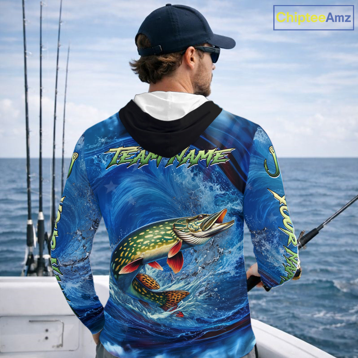 Blue Camo Northern Pike Fishing Custom Performance Long Sleeve Hooded Fishing Shirts Pike Fishing Team Shirts NBT1037