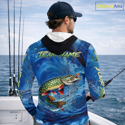Blue Camo Northern Pike Fishing Custom Performance Long Sleeve Hooded Fishing Shirts Pike Fishing Team Shirts NBT1037