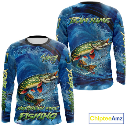 Blue Camo Northern Pike Fishing Custom Performance Long Sleeve Fishing Shirts Pike Fishing Team Shirts NBT1037