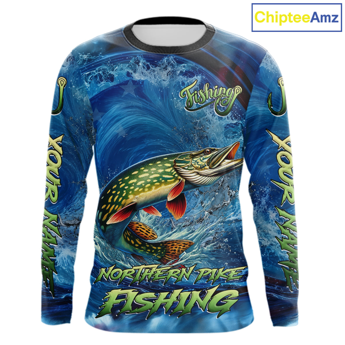 Blue Camo Northern Pike Fishing Custom Performance Long Sleeve Fishing Shirts Pike Fishing Team Shirts NBT1037