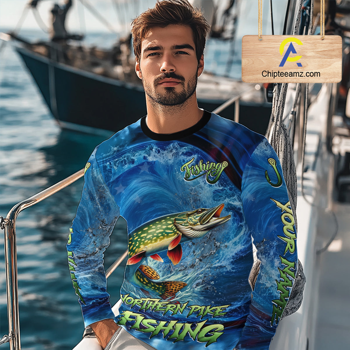 Blue Camo Northern Pike Fishing Custom Performance Long Sleeve Fishing Shirts Pike Fishing Team Shirts NBT1037