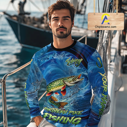 Blue Camo Northern Pike Fishing Custom Performance Long Sleeve Fishing Shirts Pike Fishing Team Shirts NBT1037