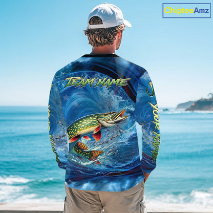 Blue Camo Northern Pike Fishing Custom Performance Long Sleeve Fishing Shirts Pike Fishing Team Shirts NBT1037