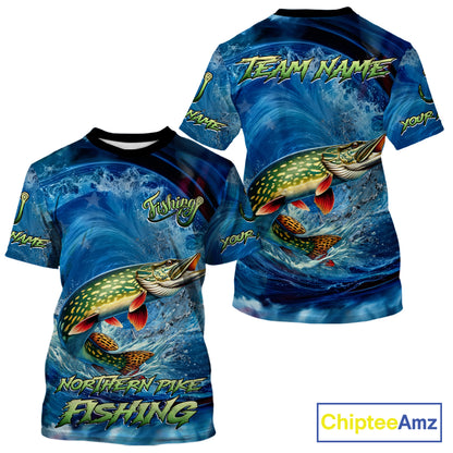 Blue Camo Northern Pike Fishing Custom Performance Fishing T-Shirts Pike Fishing Team Shirts NBT1037