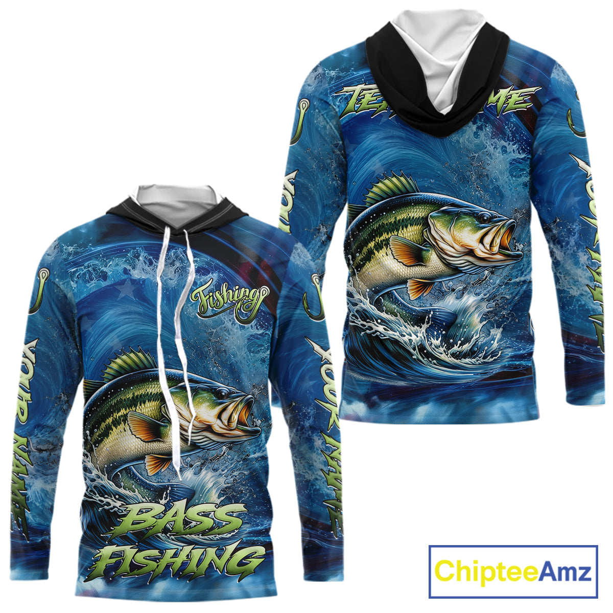 Blue Camo Bass Fishing Custom Performance Long Sleeve Hooded Fishing Shirts Bass Fishing Team Shirts NBT1038