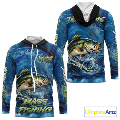 Blue Camo Bass Fishing Custom Performance Long Sleeve Hooded Fishing Shirts Bass Fishing Team Shirts NBT1038