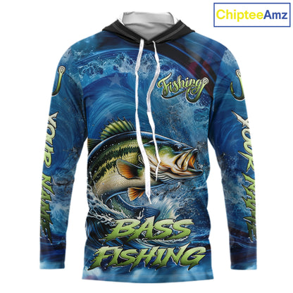 Blue Camo Bass Fishing Custom Performance Long Sleeve Hooded Fishing Shirts Bass Fishing Team Shirts NBT1038