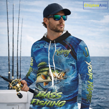 Blue Camo Bass Fishing Custom Performance Long Sleeve Hooded Fishing Shirts Bass Fishing Team Shirts NBT1038