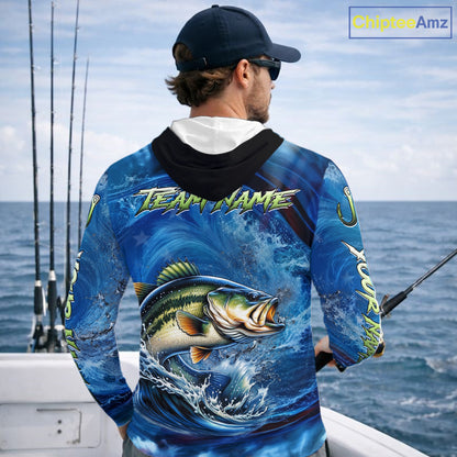Blue Camo Bass Fishing Custom Performance Long Sleeve Hooded Fishing Shirts Bass Fishing Team Shirts NBT1038