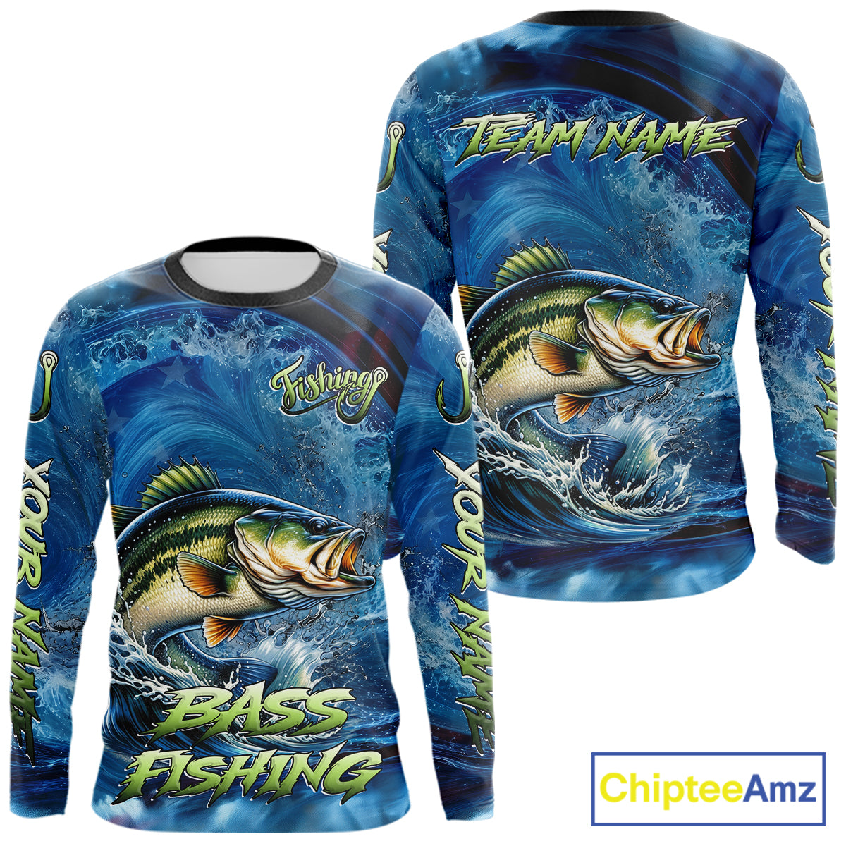 Blue Camo Bass Fishing Custom Performance Long Sleeve Fishing Shirts Bass Fishing Team Shirts NBT1038