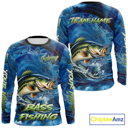 Blue Camo Bass Fishing Custom Performance Long Sleeve Fishing Shirts Bass Fishing Team Shirts NBT1038