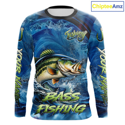 Blue Camo Bass Fishing Custom Performance Long Sleeve Fishing Shirts Bass Fishing Team Shirts NBT1038