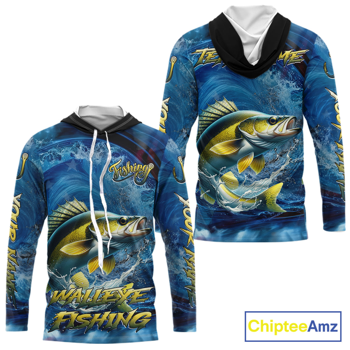 Blue Camo Walleye Fishing Custom Performance Long Sleeve Hooded Fishing Shirts Walleye Fishing Team Shirts NBT1039