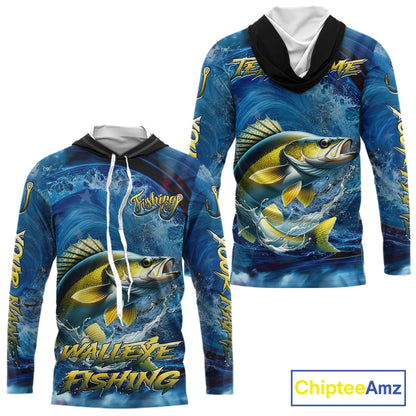 Blue Camo Walleye Fishing Custom Performance Long Sleeve Hooded Fishing Shirts Walleye Fishing Team Shirts NBT1039