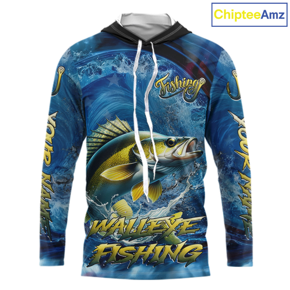 Blue Camo Walleye Fishing Custom Performance Long Sleeve Hooded Fishing Shirts Walleye Fishing Team Shirts NBT1039